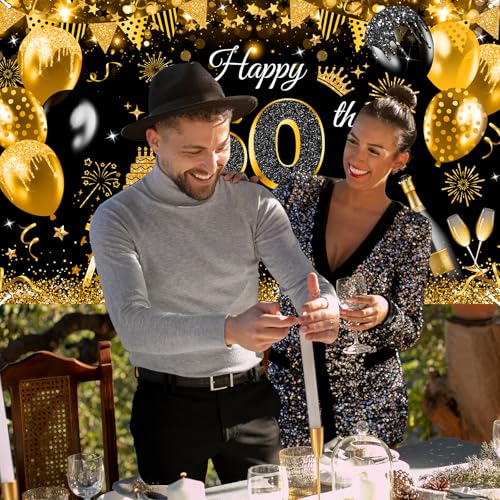 Image of Avezano Happy 50th Birthday Banner for Men Boys Black and Gold Glitter Balloon 50 Birthday Party Backdrop 50 Year Old Bday Photo Backdrop Party Supplies 70.8 x 43.3 Inch
