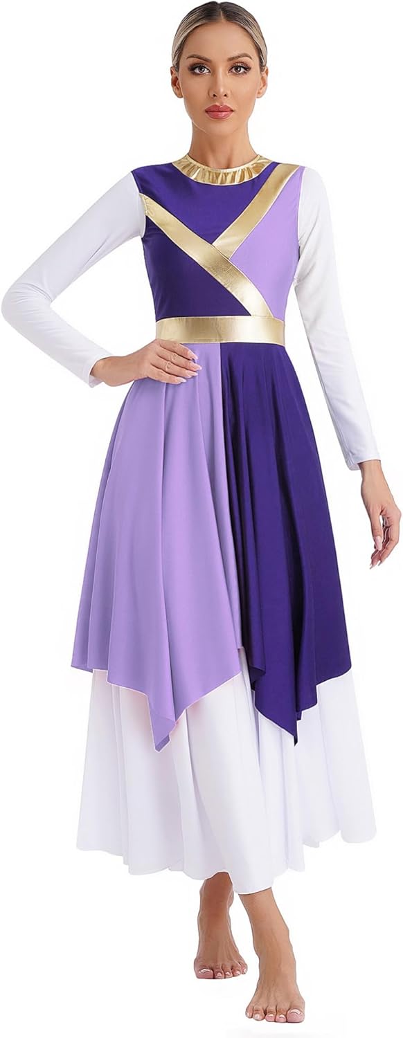 iiniim Women Metallic Color Block Liturgical Dancewear Sleeveless Asymmetrical Hem Praise Dance Dress