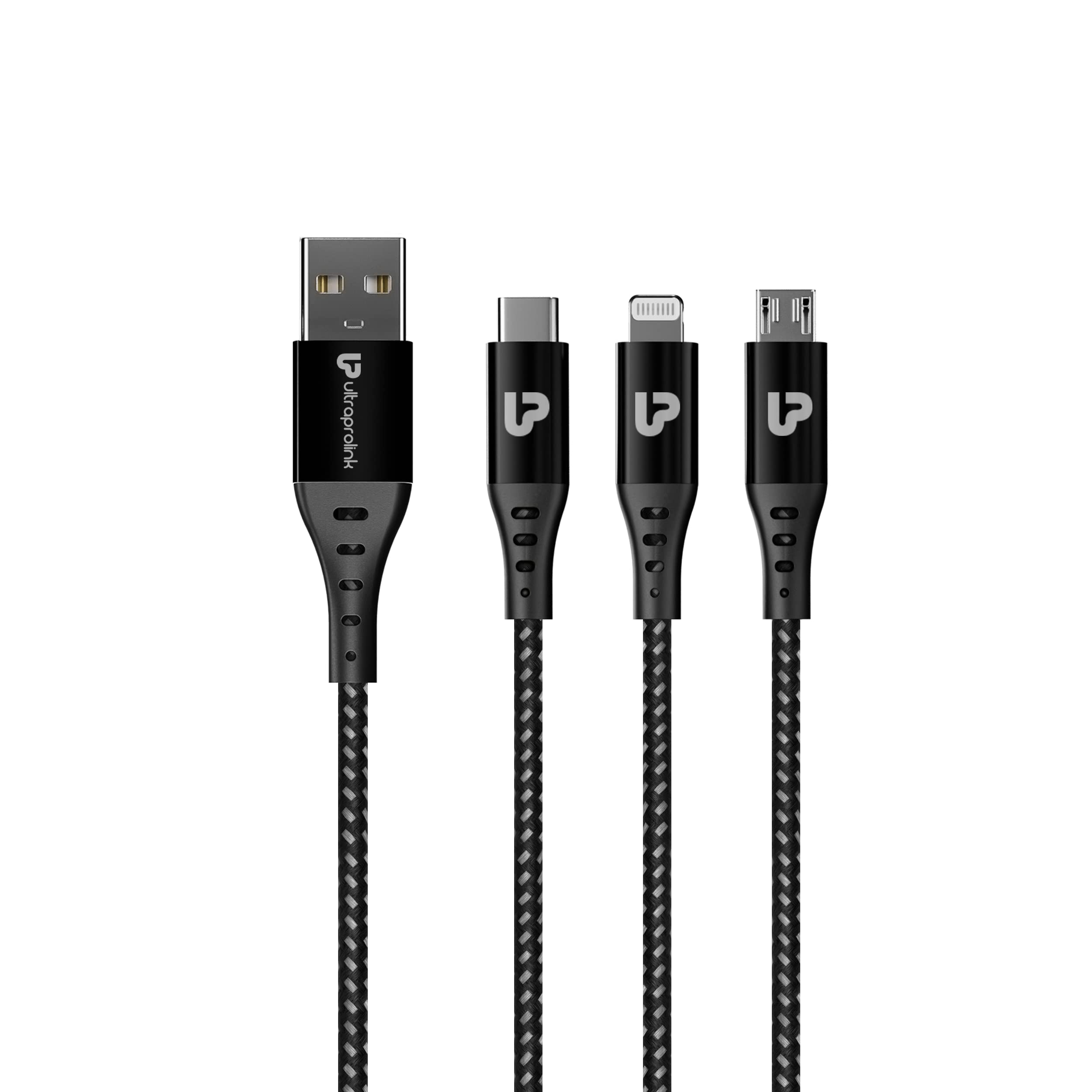 ULTRAPROLINK 3 in 1 USB Fast Charging Cable with Type C, Lightning, Micro USB Port with 3 A, Compatible with iPhone, iPad, Galaxy, OnePlus, Mi, Oppo, Vivo, Xiaomi | 1.5m | Black | TrioLink | UL1098