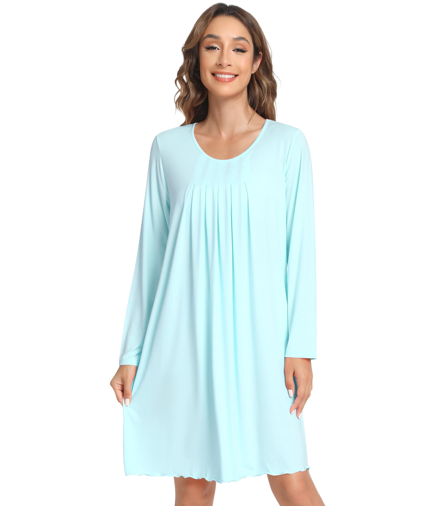 NACHILA Nightgowns for Women-Viscose Made from Bamboo,Long Sleeve Night Shirt Soft Sleepshirt Satin V Neck Sleepwear