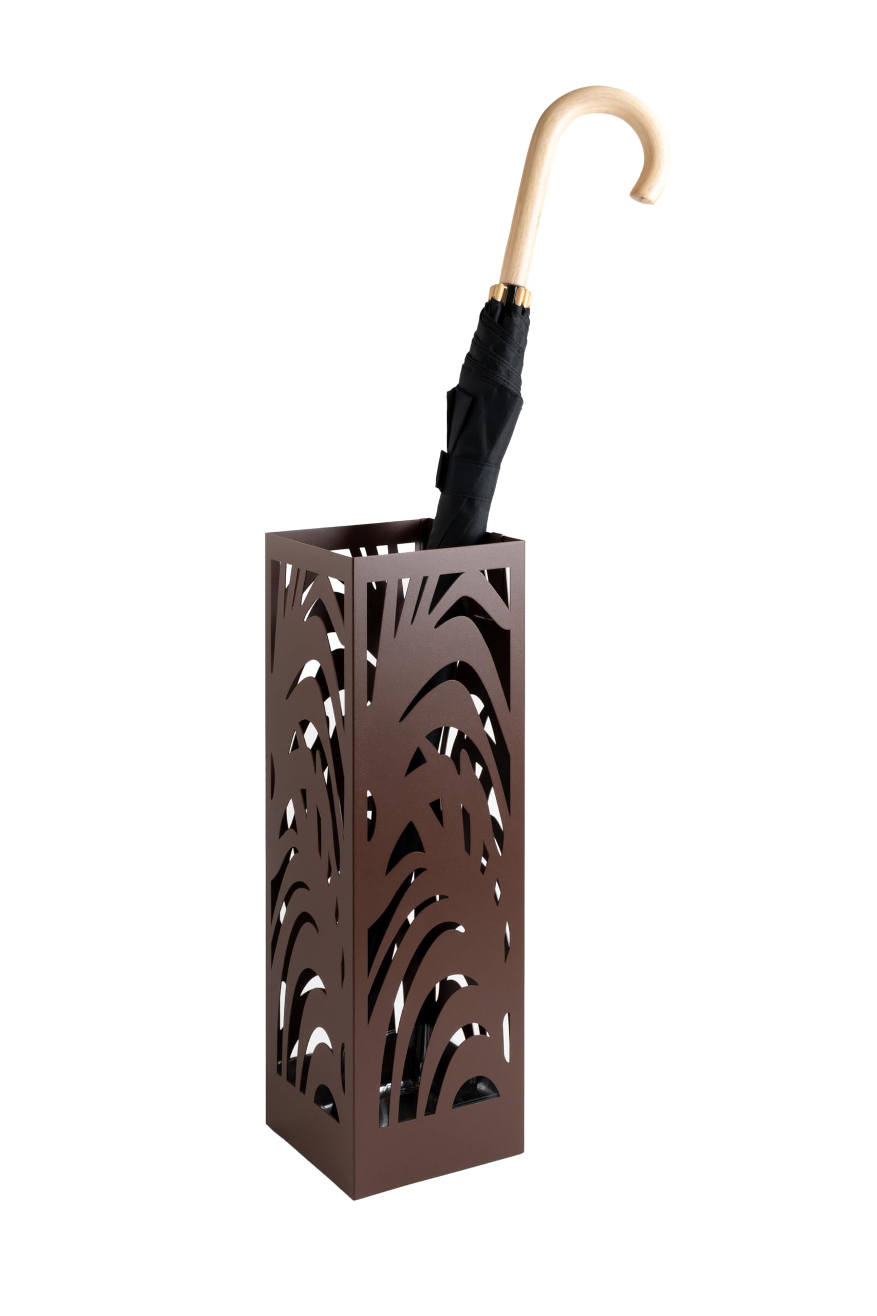 Portaombrelli dal design moderno in metallo per casa e ufficio, supporto di design, 2 ganci, 2 vaschette estraibili, 15,5 x 15,5 x 49 cm, marrone ruggine, quadrato, portaombrelli