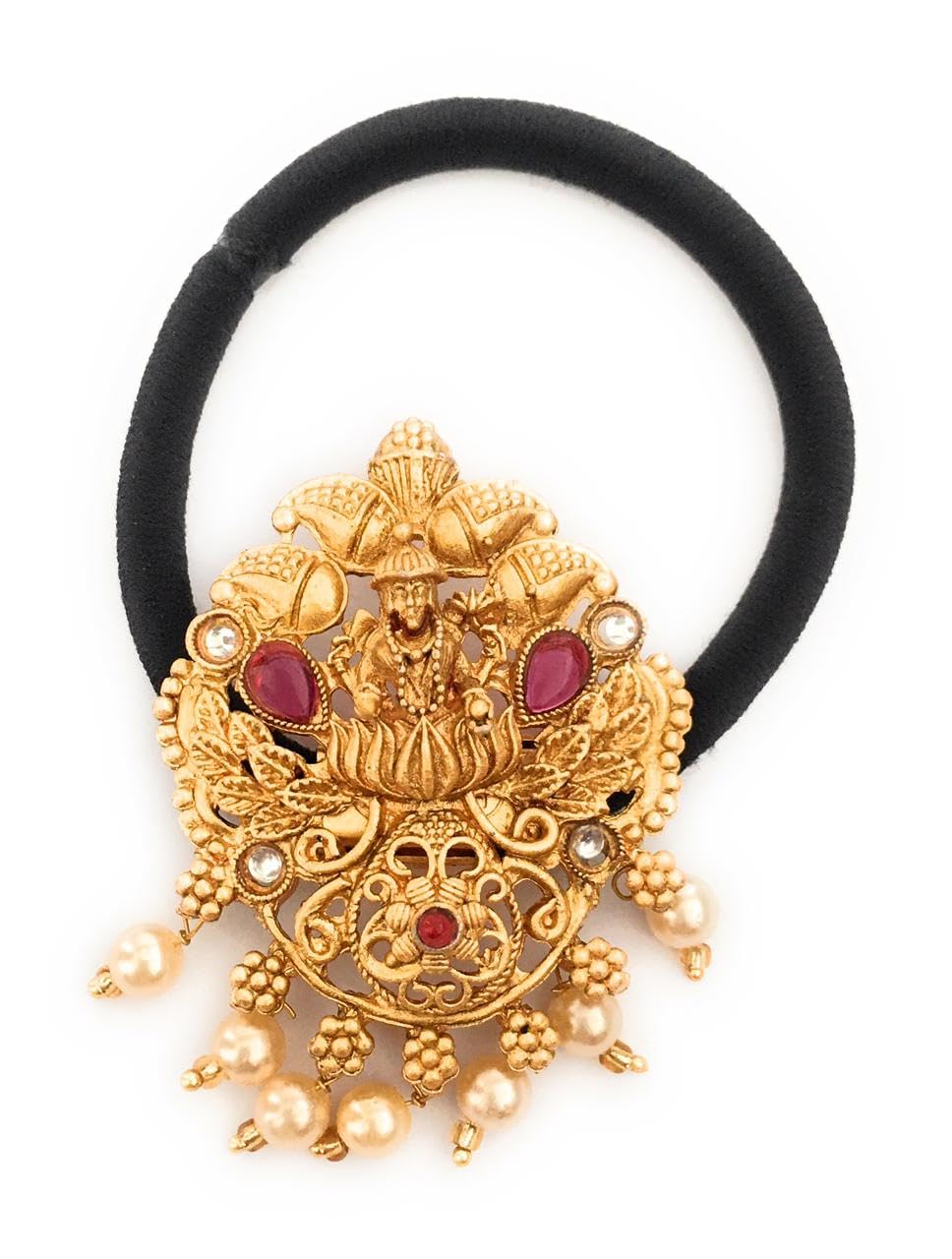 hair bands for women and girls black colour hair rubber bands with antique gold color decoration (pack of 1) traditional hair ties stones ponytail holders center clips for children-image-8