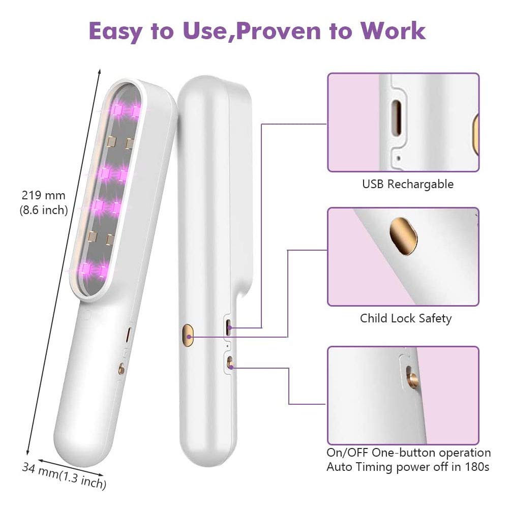 Luz desinfectante UV portátil, varita desinfectante de mano Lámpara de esterilización ultravioleta Luz de esterilizador UVC de carga USB para viajes al hogar