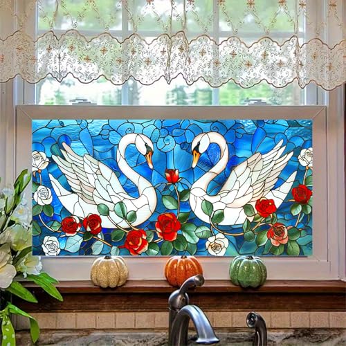 Película decorativa ventana vidriera cisne y rosa 39.3×17.7 pulg miniatura 6