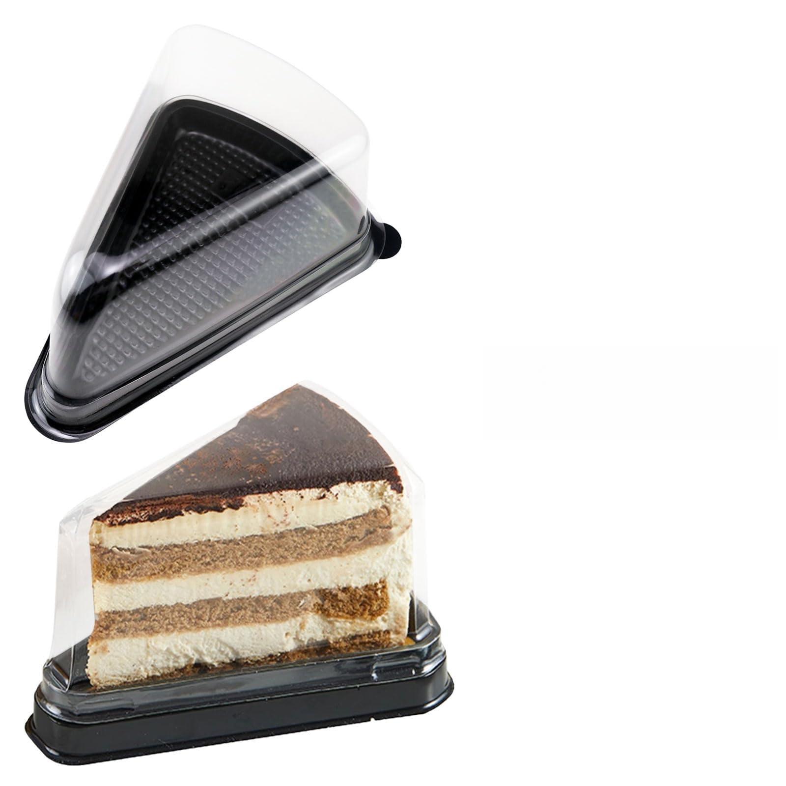 50 Pcs Triangle Cake Boxes Clear Cake Slice Container Holder Clear Cheesecake Box with Stickers Plastic Individual Triangle Dessert Box for Cheesecake Pudding Sandwiches Sushi Display Storage (Black)