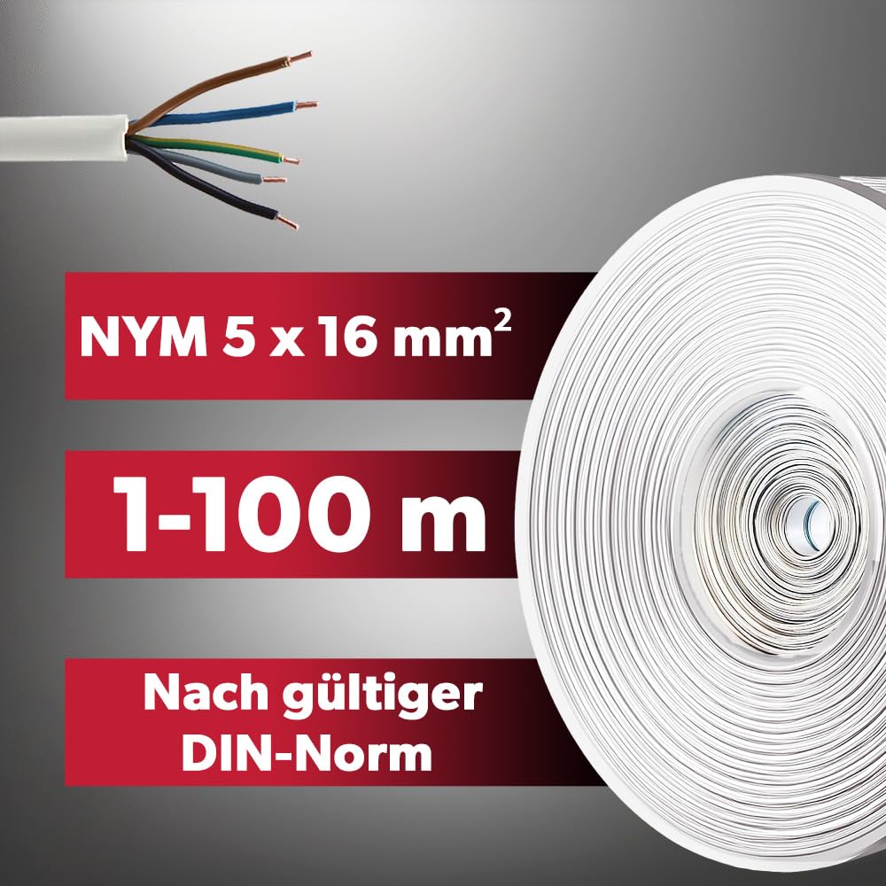 siwitec NYM-J 5x16 mm² Kabel, Mantelleitung, Installationskabel, Feuchtraumkabel in grau, exakt zugeschnittene Meterware in Profi-Qualität, Länge (aktuelle Auswahl) = 5 Meter