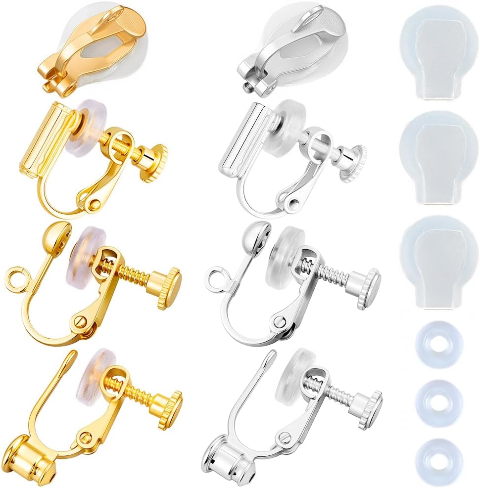 Beebeecraft 1 Box 16Pcs Clip-on Earring Findings Components 18K Gold & 925 Sterling Silver Plated Brass Screw Back Ear Wire Non Pierced Earring Converter with Loop for Jewelry Making