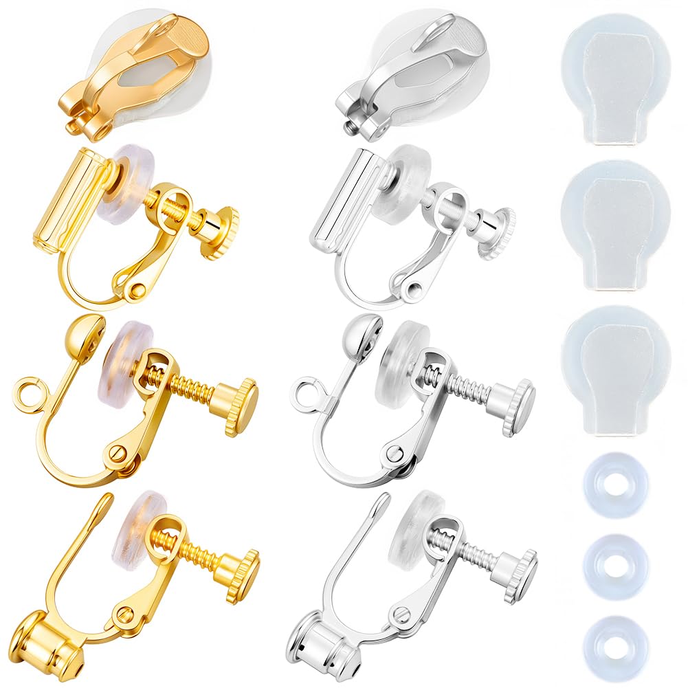 Beebeecraft 1 Box 16Pcs Clip-on Earring Findings Components 18K Gold & 925 Sterling Silver Plated Brass Screw Back Ear Wire Non Pierced Earring Converter with Loop for Jewelry Making