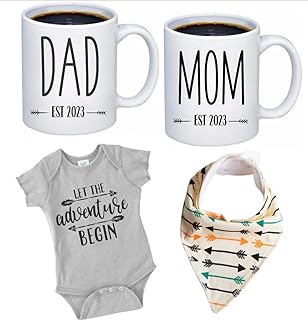 Pregnancy Gift Est 2023 - New Mom and Dad Est 2023 11 oz Mug Set with "Let The Adventure Begin" Romper (0-3 Months) - Top Mom and Dad Gift Set for New and Expecting Parents to Be - Baby Shower