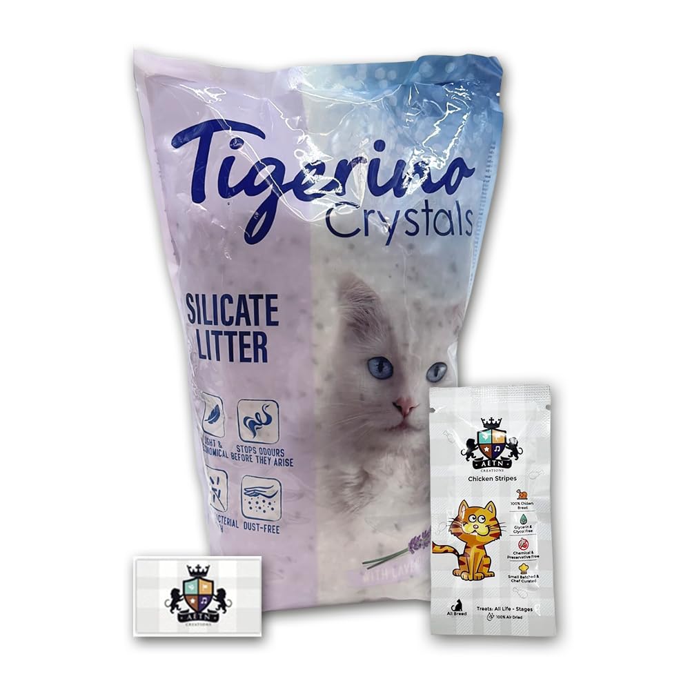 AETN CreationsTigerino Crystals Lavender Cat Litter (5L) plus AETN Creations Chicken Cat Treat | Economical, Lightweight, and Dust-Free Litter Choice