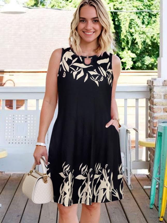 Summer Dresses for Women Casual Sleeveless Sundress Floral Loose Fit Beach Cover Up with Pocket2