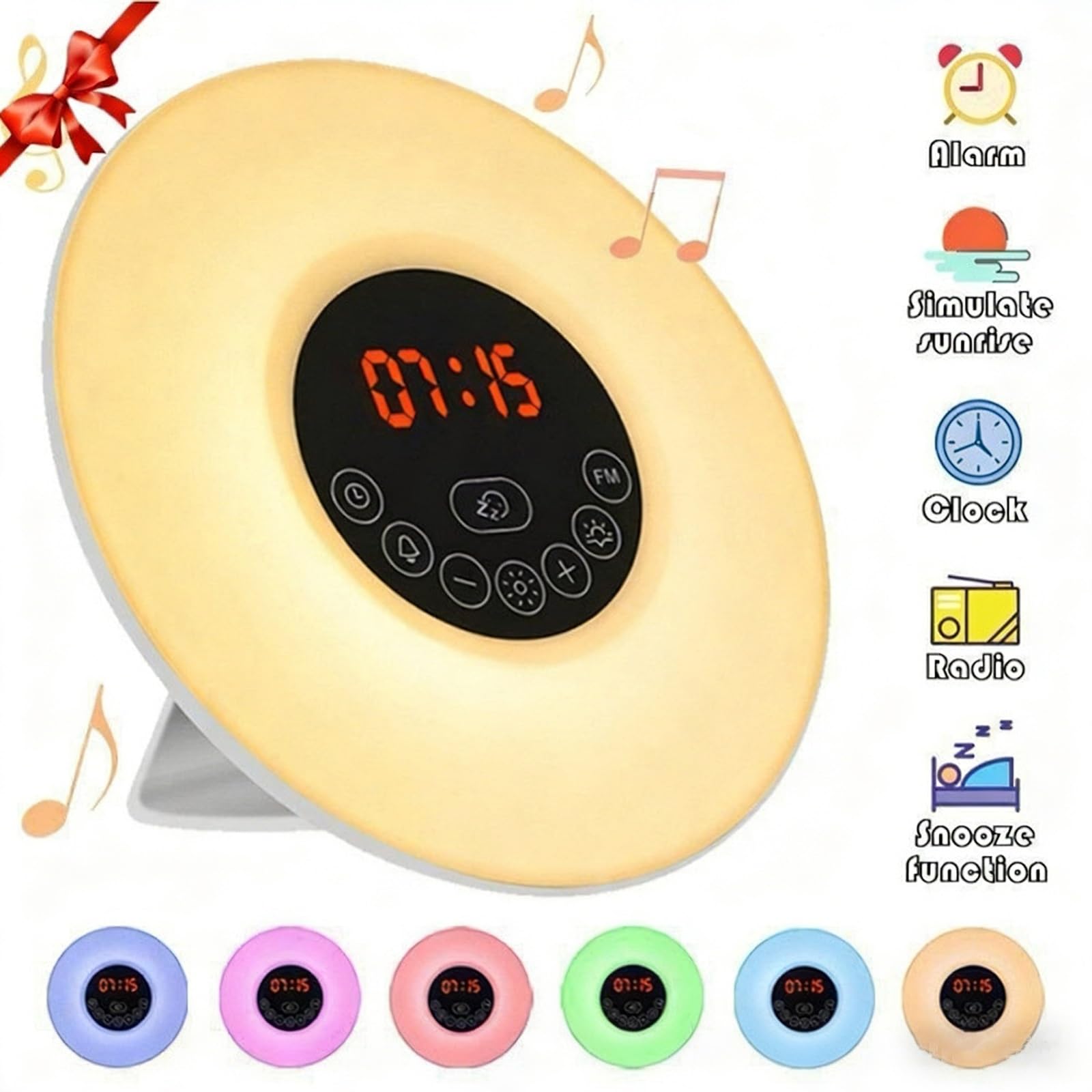 Réveil Lumineux Sunrise Alarm Clock, Lumière Naturelle et 6 Sons De La Nature avec Radio FM, Fonction Snooze, Lampe D'ambiance Multicolore pour Chambre à Coucher, Compact