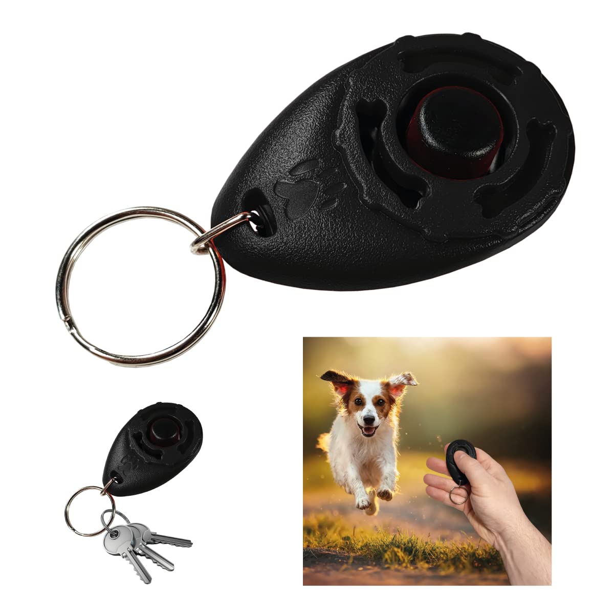 Clicker per Cani con Portachiavi, Addestramento e Formazione, Dog Training - Cane, Gatto, Cavallo – Impugnatura Facile, Addestra ad Un Comportamento Corretto (Nero)
