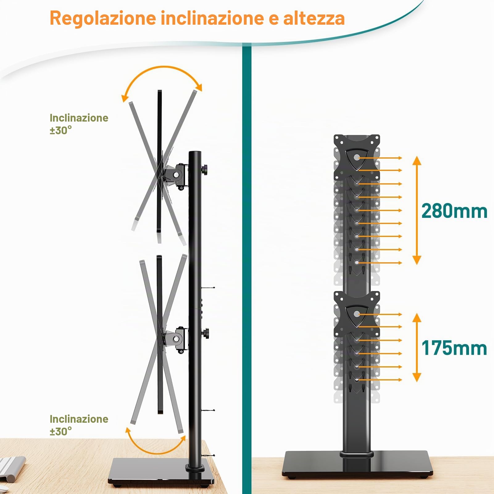 ELIVED Supporto doppio per monitor da scrivania, braccio verticale per monitor da 13-32 pollici con VESA 75 x 75/100 x 100 mm fino a 15 kg, rotazione a 360° regolabile in altezza supporto per monitor