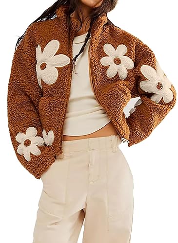 chouyatou Women's Fuzzy Fleece Cute Floral Jacket Zip Up Winter