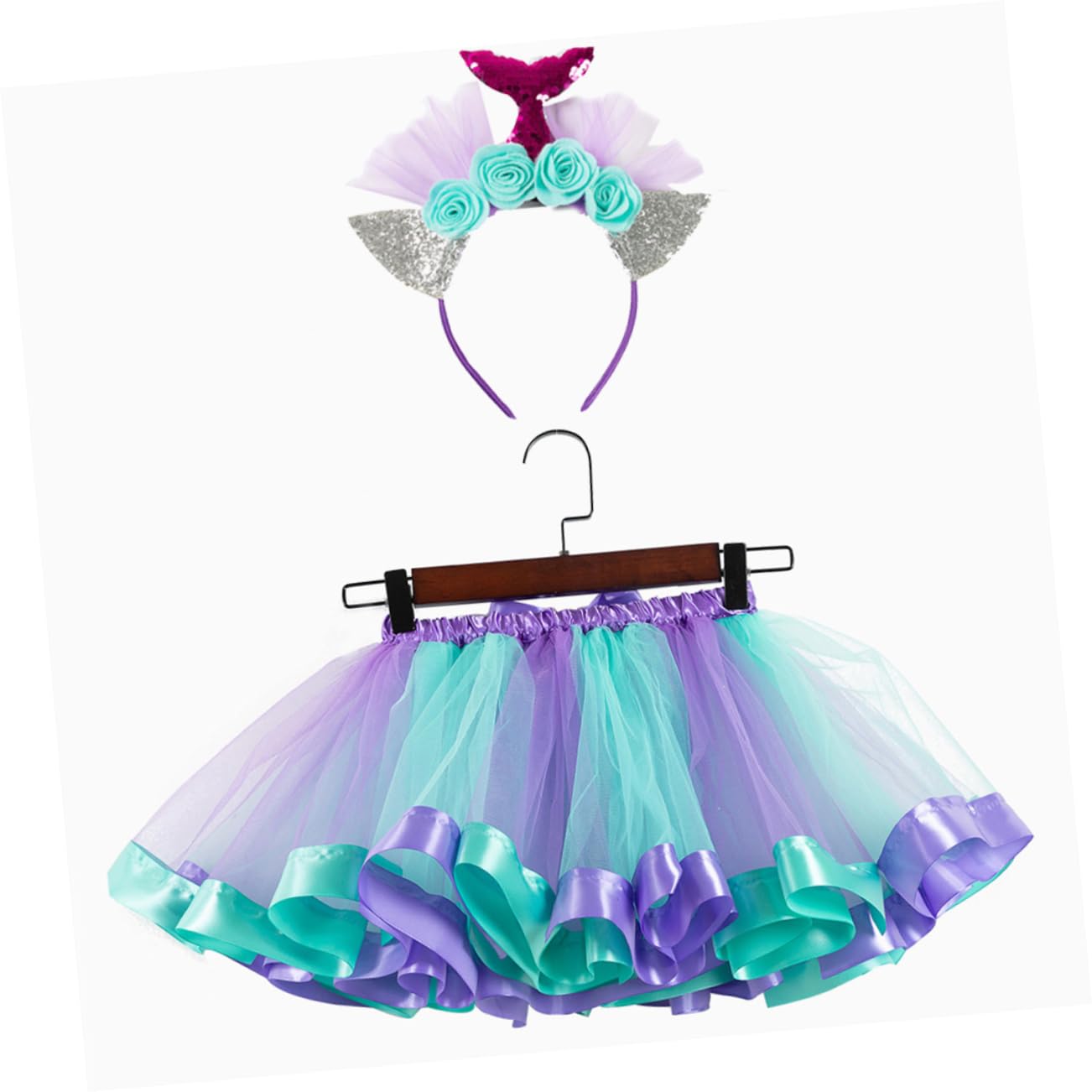 ABOOFAN Girls Tutu Skirt Mesh Headband Layered Tulle Mermaid Costume for Toddler Party Dress Soft and Fluffy Elastic Waistband Size s