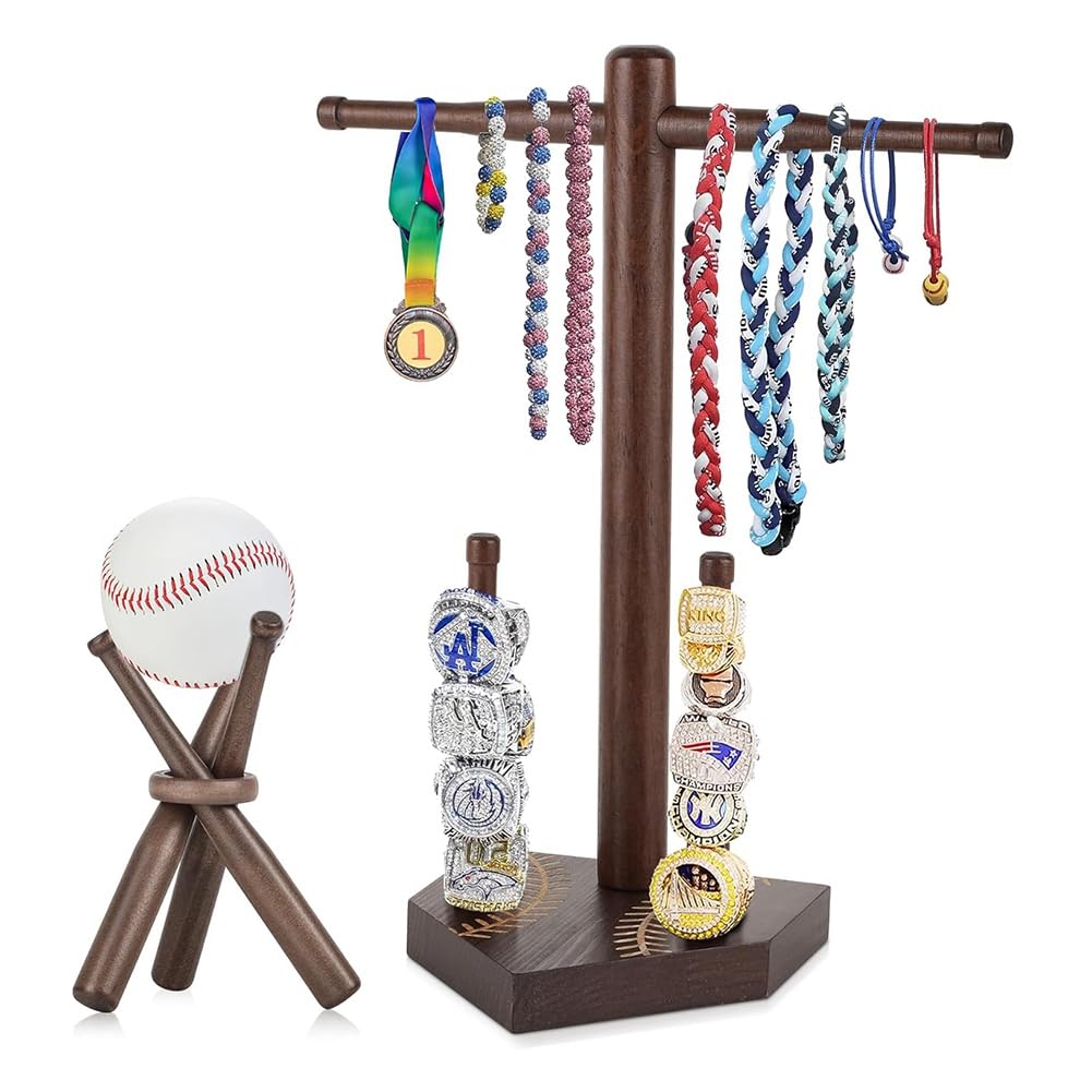 Hndhbfgrt Baseball Ring& Drip Necklace Holder-Wooden Stand for Displaying Softball Base Metal Accessories