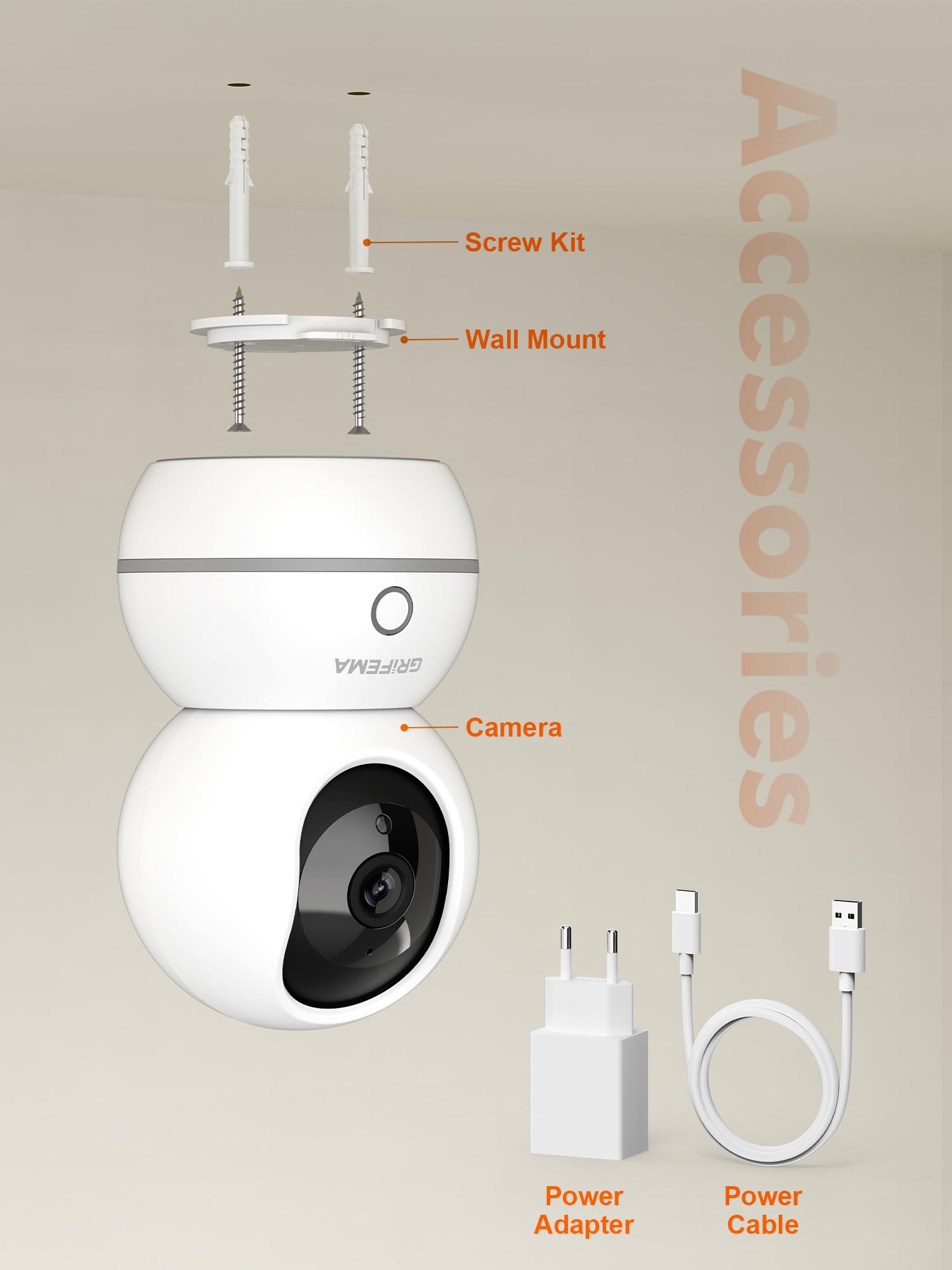 GRIFEMA Wewnętrzna kamera WiFi 360°, 1080P (3MP) z noktowizorem 10 m, wykrywanie człowieka/dźwięku, redukcja szumów 3D, pamięć SD/chmura, tryb prywatności dla dzieci/zwierząt, GD701