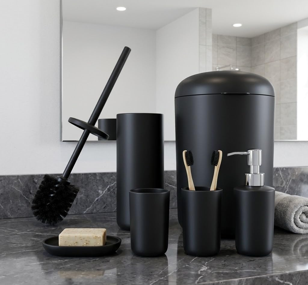 Bathroom Accessories Set - 6-piece Modern Bathroom Bin And Toilet Brush Set - Includes Trash Can Toilet Brush Toothbrush Holder Soap Dispenser Soap Dish and Mouthwash Cup