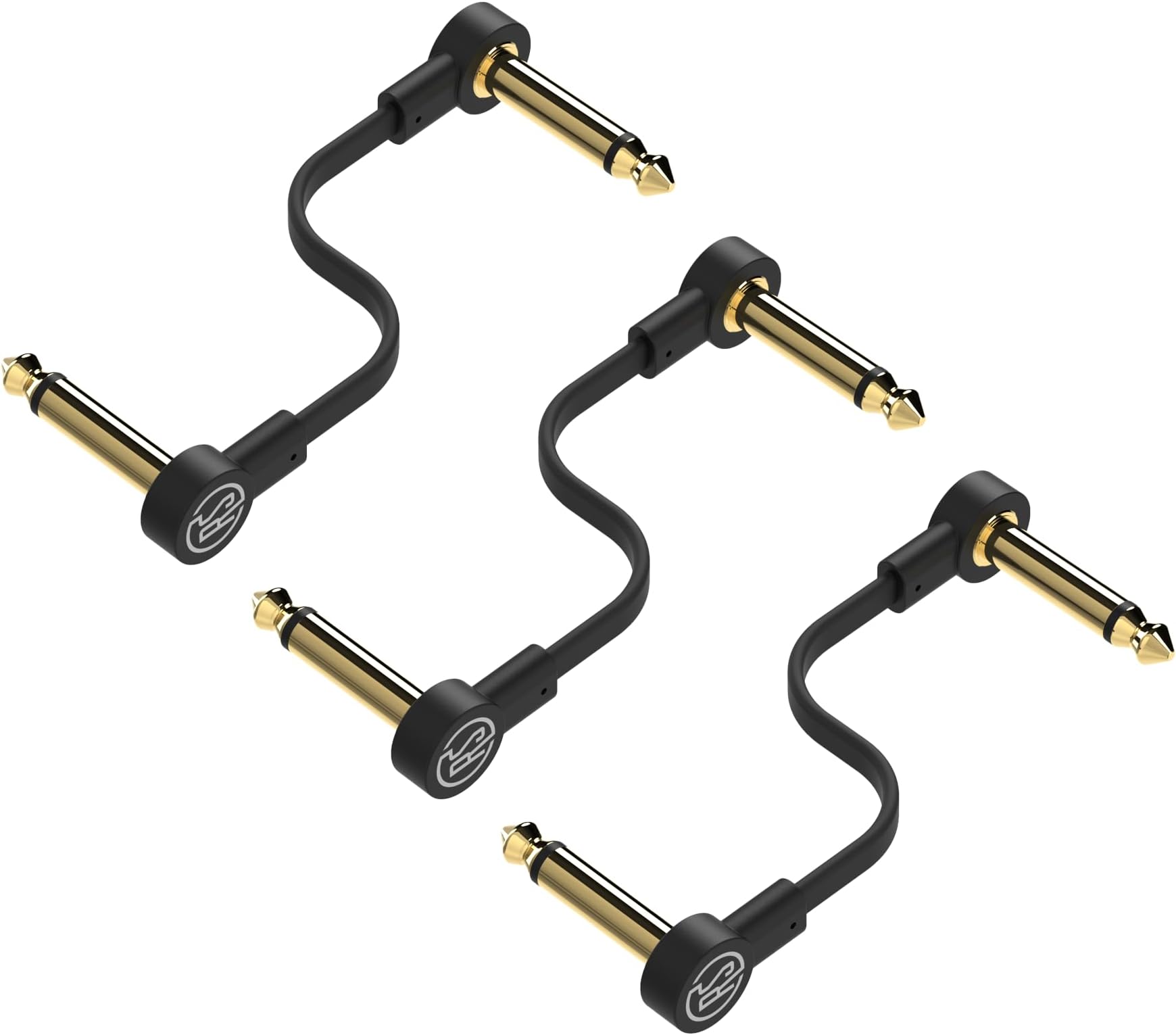 Guitar Flat Patch Cables (Pack of 3) - 12 Inch S-Shape Ultra-Thin Effect Guitar Pedal Patch Cables - Right-Angle, Black with Durable Gold Plated Connectors, Maximize Pedalboard Space