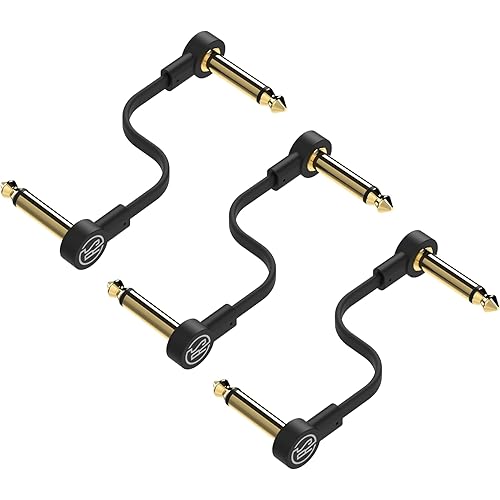 Rock Stock Guitar Flat Patch Cables (Pack of 3) - 12 Inch S-Shape Ultra-Thin Effect Guitar Pedal Patch Cables - Right-Angle, Black with Durable Gold Plated Connectors, Maximize Pedalboard Space