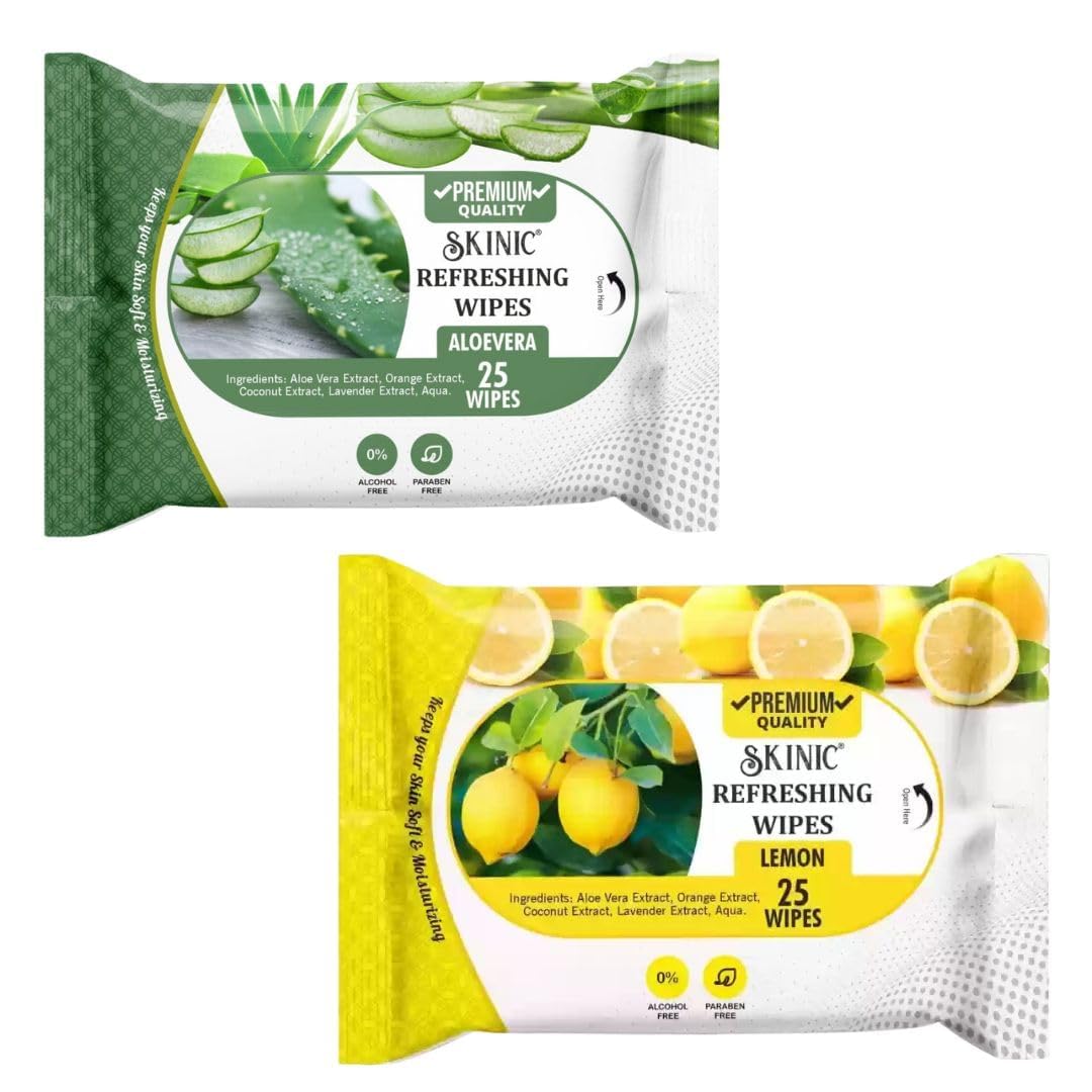 Refreshing Face Wipes, Aloe Vera & Lemon Variants, 25 Wipes per Pouch (Pack of 2) – Alcohol-Free, Natural Ingredients, All Skin Types-image-23