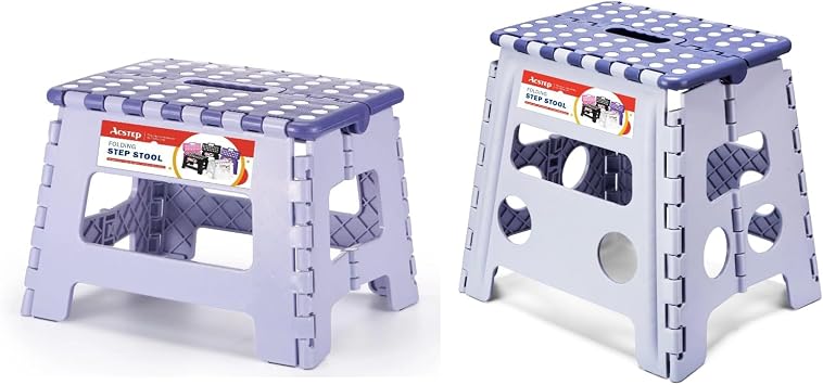 9 & 13 Inch Folding Step Stool 2 Pack, Plastic Foldable Step Stools with Handle, 300 LB Capacity Non-Slip Multi-Height Step Stool Set for Kids and Adults Bicolor Purple & Bicolor Purple