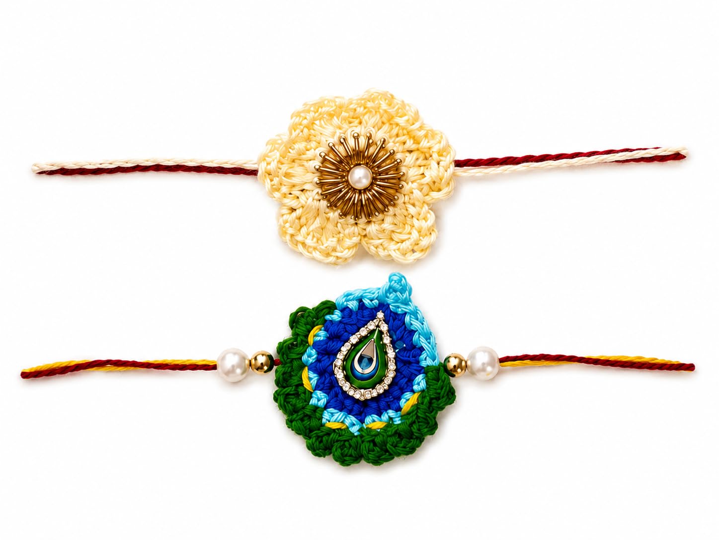 croise Handmade Crochet White Flower & Peacock Feather Rakhi Combo Set | Designer Rakhi-picture-44
