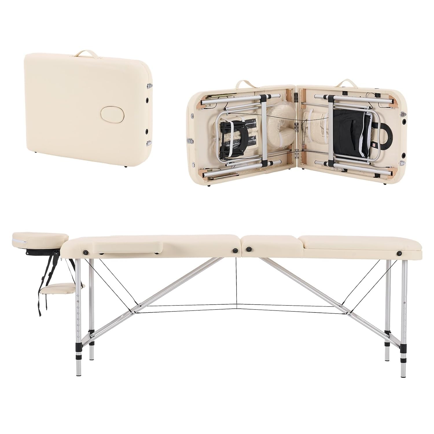 YOUNIKE Massageliege Mobile Klappbar 3 Zonen Höhenverstellbare Massagebank Aluminium mit Kopfstütze & Armlehnen und Tragtasche Massagetisch für Kosmetik Spa Salon Tattoo (Creme)