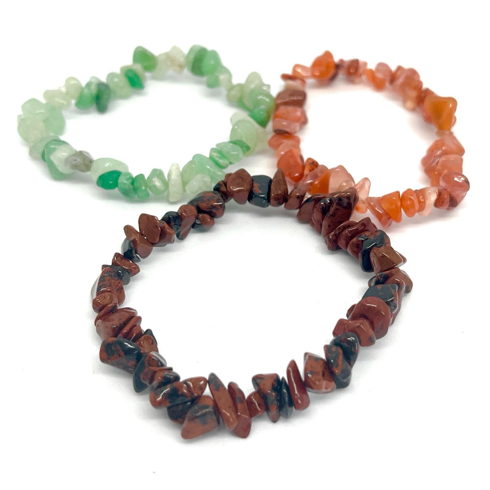 Mahogany Obsidian, Green Aventurine, Red Agate Luck and protection Bracelet Natural Crystal Gemstones Jewelry, 3 bracelets,made by 2-8mm chips with original healing stones.Unisex, elastic string.