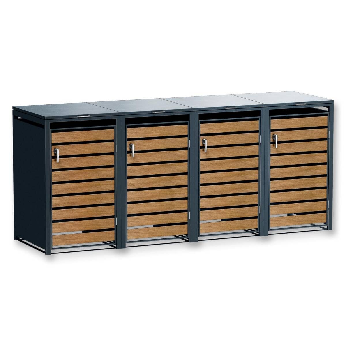 Metzler Mülltonnenbox in Anthrazit & Holzoptik 4er 240L, Mülltonnenverkleidung 4 Tonnen, witterungsbeständiger und pulverbeschichteter Stahl mit Automatikdeckel, Müllbox abschließbar