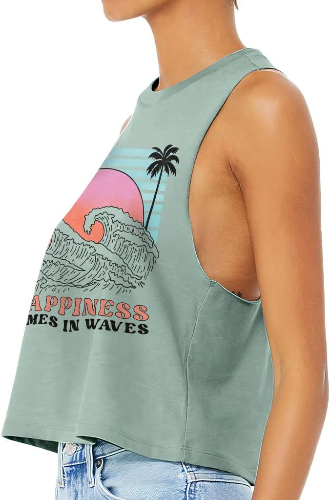 Happiness Comes in Waves Racerback Cropped Tank - Print Women's Tank - Wave Tank Top