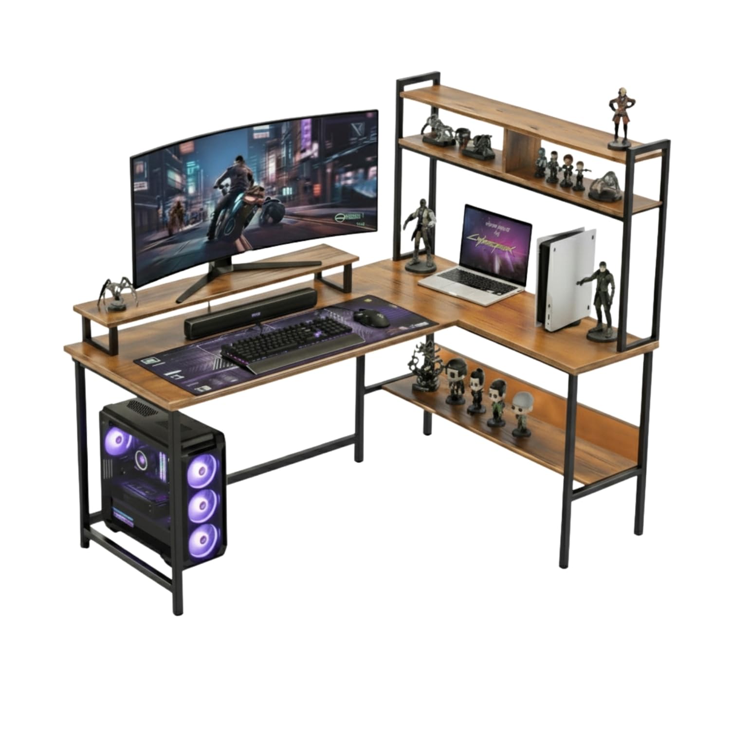 TEKAVO Tonny L Shape Table for Home Office, Computer Table for Home Pc, L Shaped Office Table, Gaming Work Desk | with Book Shelf + Monitor Riser, Brown Wood, Metal (124 x 48 x 75 Cm) | DIY