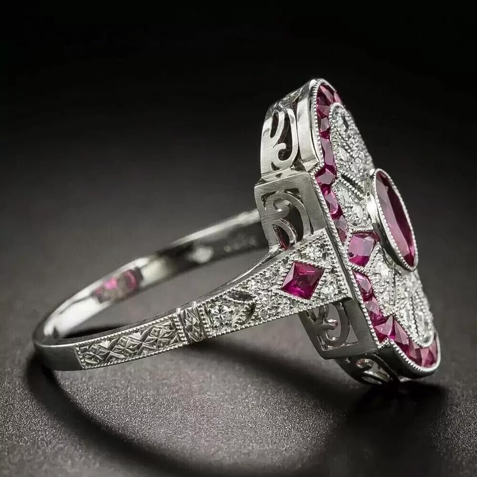 Art Deco Vintage Oval Cut Ruby & Lab Created Diamond 925 Silver Engagement Ring2