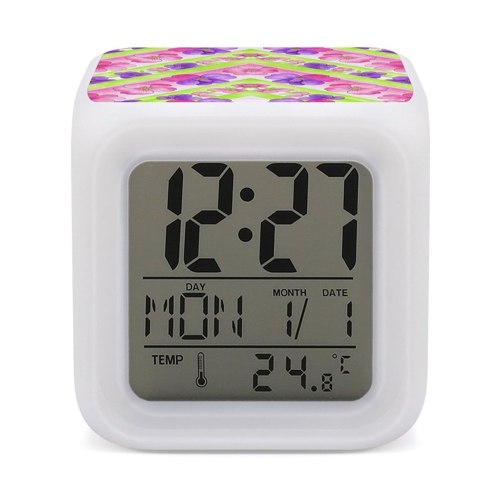 LZQPOEAS Chevron Blooms Alarm Clock with 7 Color Changing Nightlight for Bedroom Calendar Temperature Display Wake Up Digital Clock Small Desk Clocks for Heavy Sleepers Adults