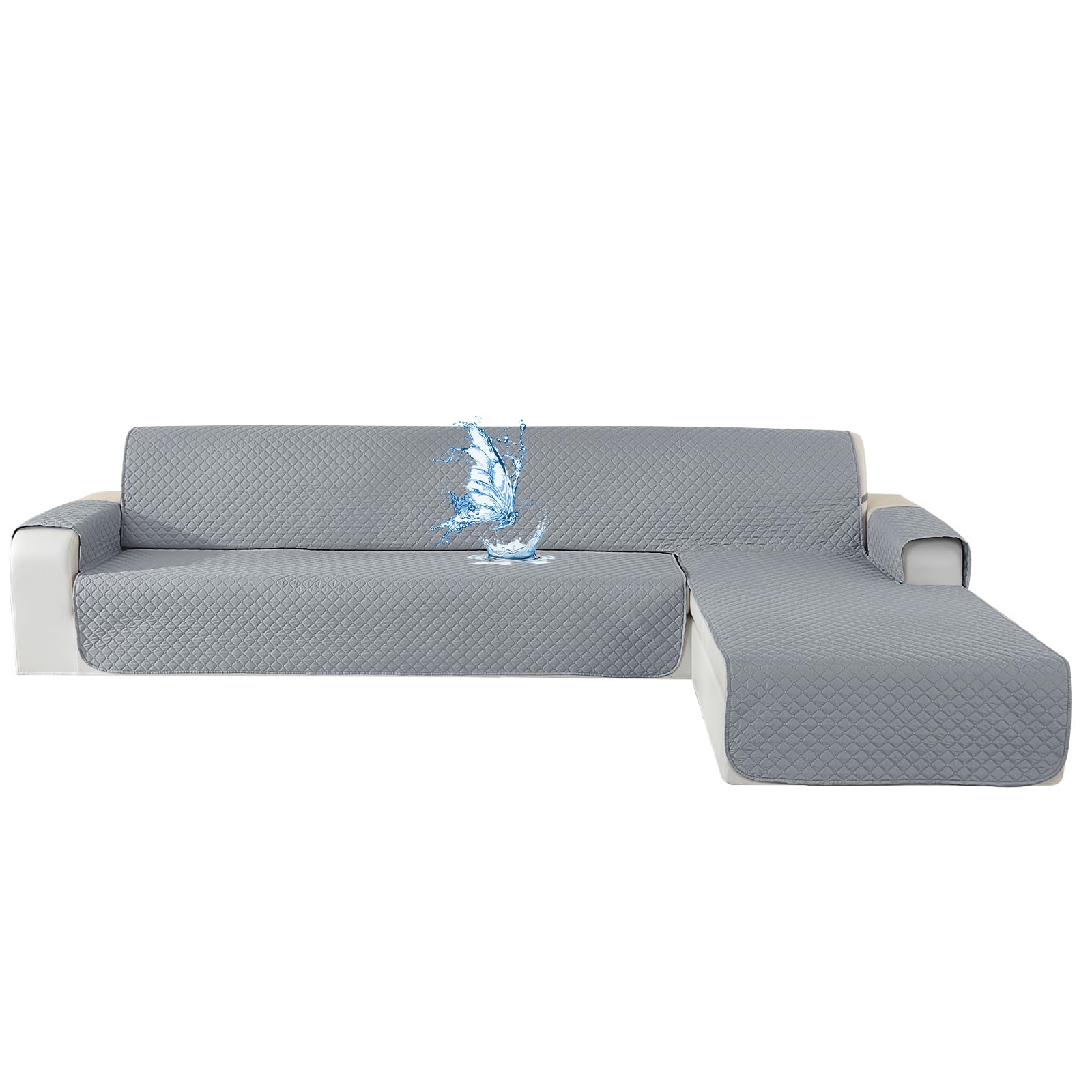 Funda Sofa Chaise Long 4 Plazas Impermeable, Fundas Sofa L Chaise Longue Izquierdo/Derecho Reversible, Antideslizante, Ajustables, Anti Gatos, Gris Claro Global Recycled Standard Global Recycled Standard Global Recycled Standard
