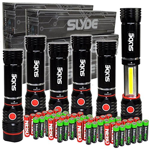 EdisonBright 6 Pack Nebo Slyde + 300 Lumen LED Flashlight/Worklight 6156 and 24 X AAA Alkaline Batteries Bundle