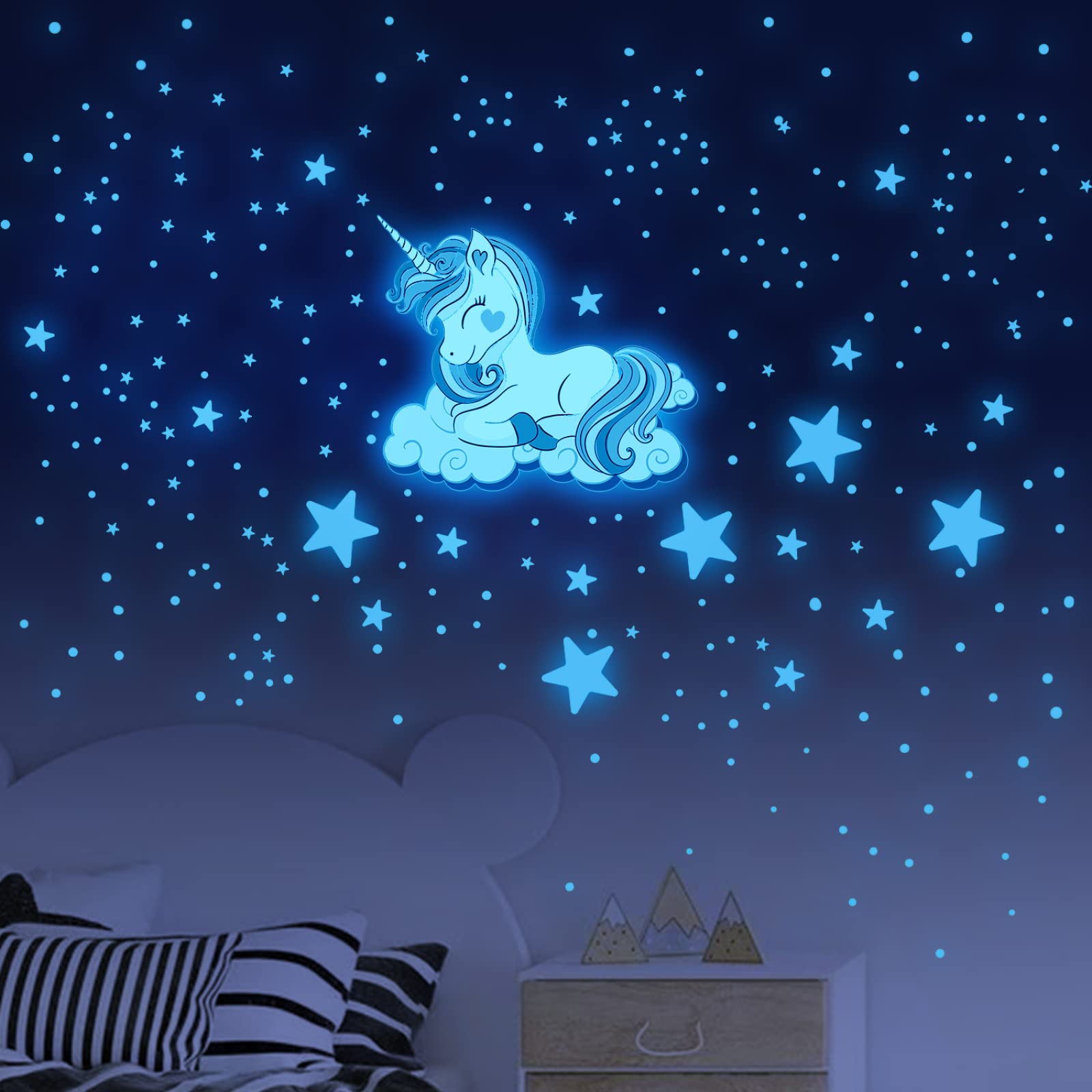 Adesivi Murali Unicorno Stella Verde Adesivi da Parete Stelle Fluorescenti Adesive Soffitto Adesivi Murali Bambini Stelline Luminose per Cameretta Soggiorno Decorazioni 3 Pezzi