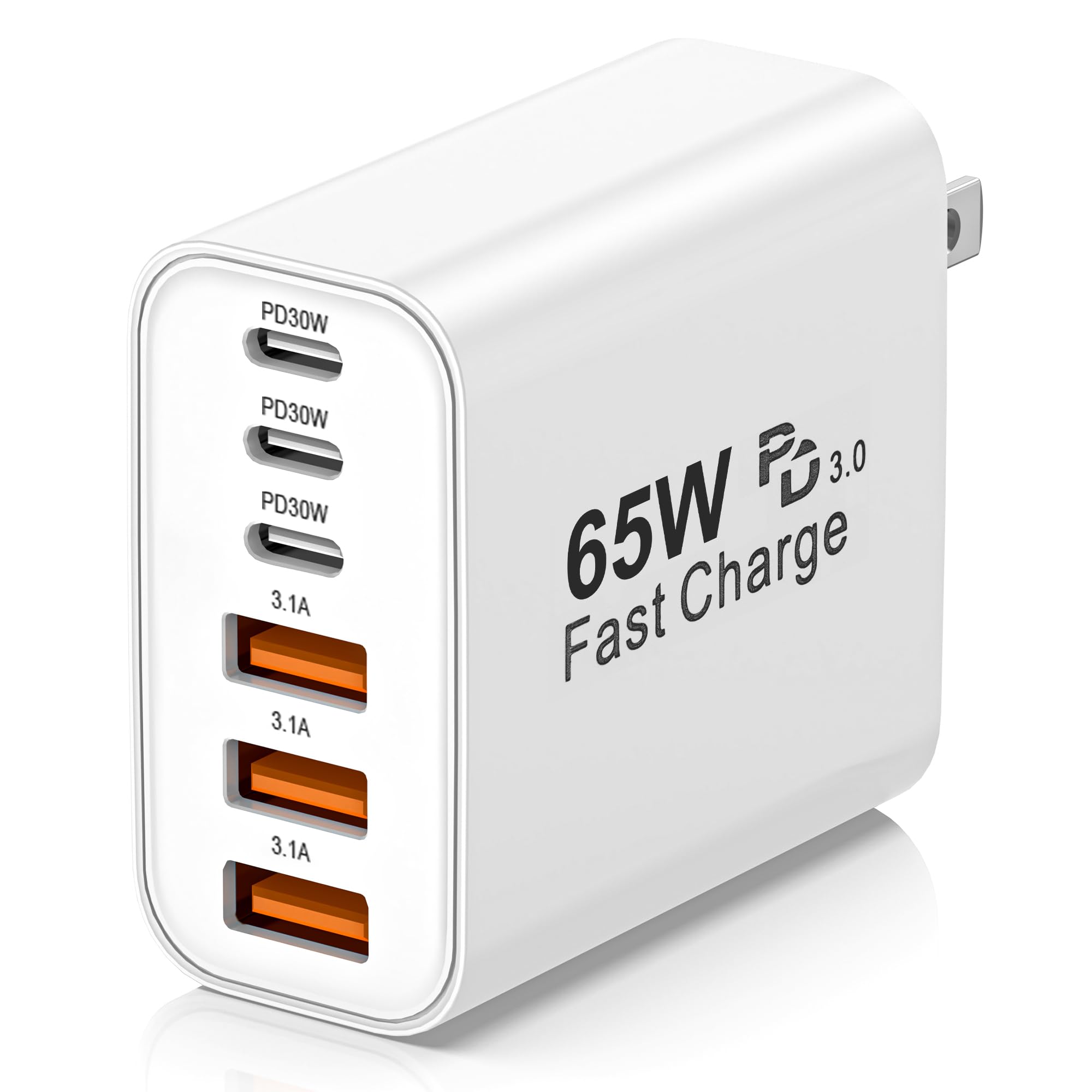 USB C Charger Block,65W 6-Port USBC Charging Block,Wall Charger iPhone Charger Fast Charging,Multiport Type C PD+QC Power Plug for All iPhone 17 16 15 iPad Samsung S24 S23 iWatch Pixel Series (White)