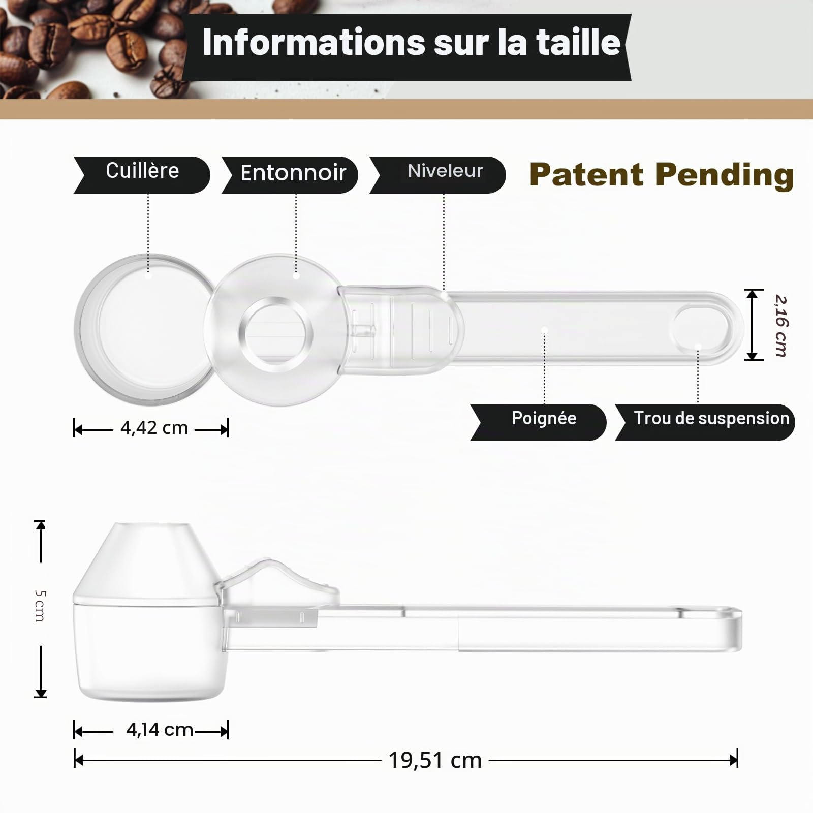 Lot de 2 cuillères à café et entonnoir pour dosettes de café réutilisables et rechargeables, capacité de 2 cuillères à soupe, pelle avec entonnoir pour café moulu, poudre de protéine, thé (transparent