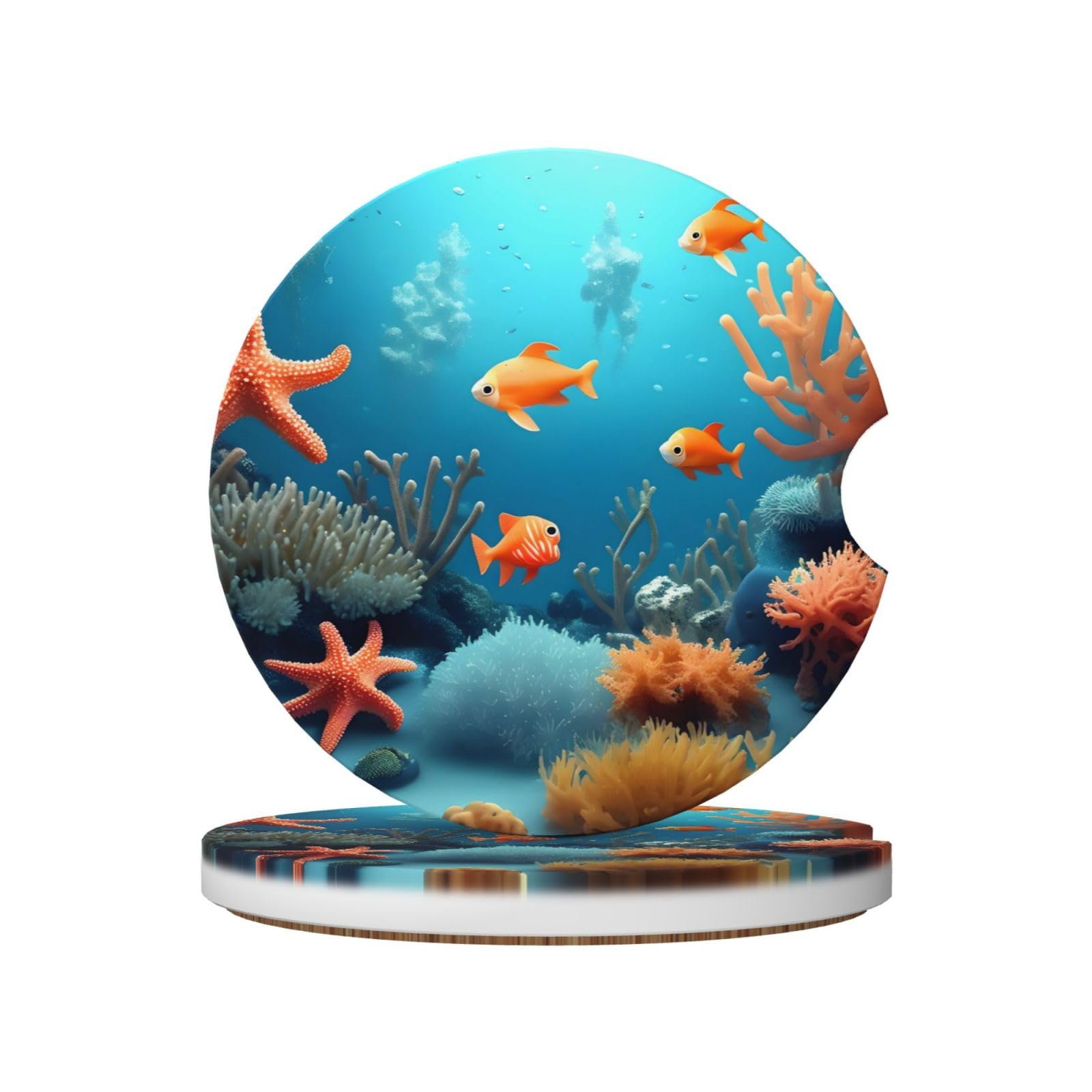 Coral Fish Underwater Printed Ceramic Car Cup Coasters (2 Pack), Suitable for car Cup Holders, 2.56 inch Diameter