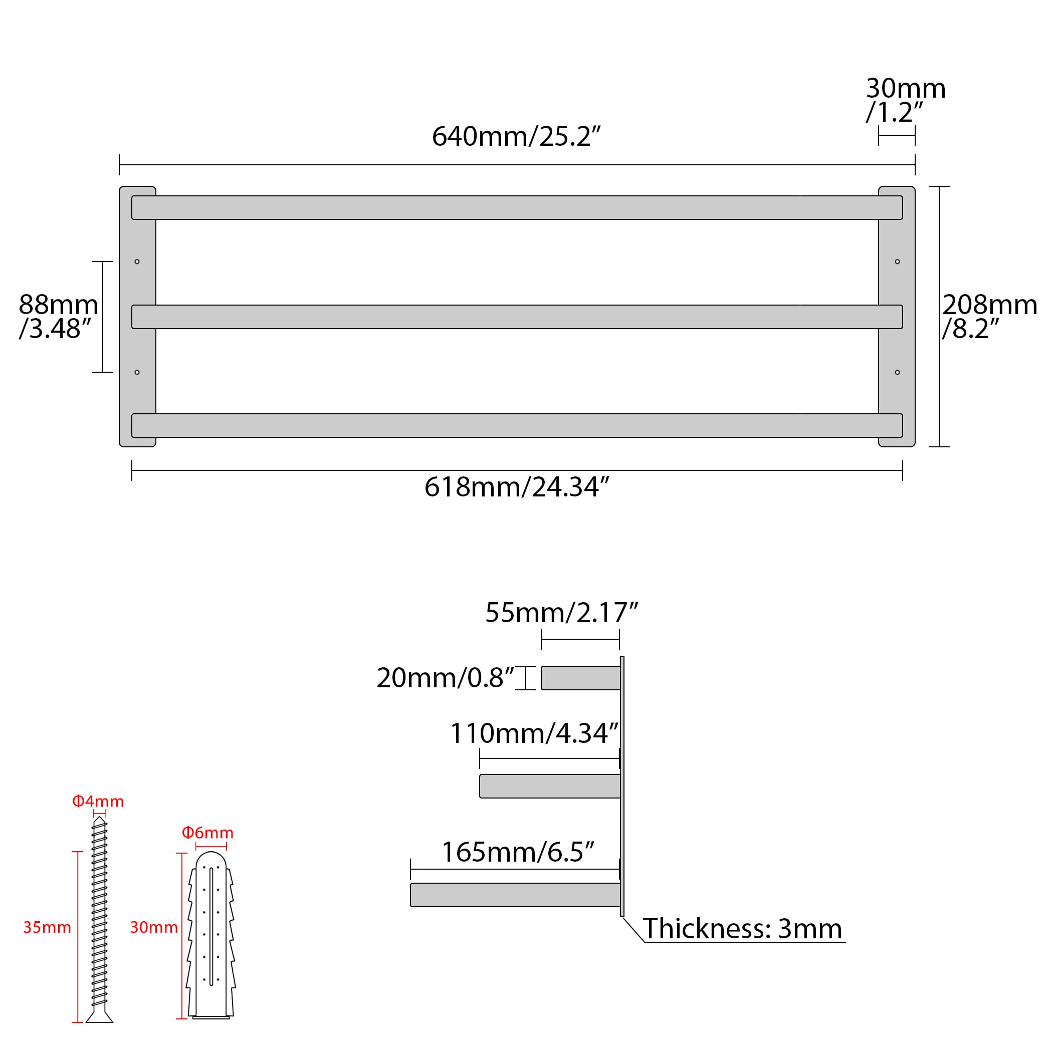 SAYAYO Aluminiowy wieszak na ręczniki 3-wiązany, EGYS2403AL-24IN-B