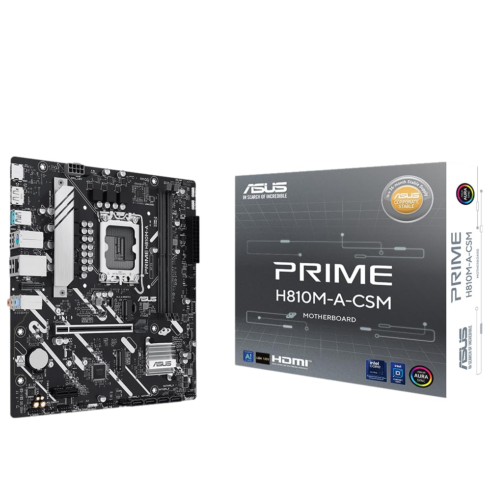 ASUS PRIME H810M-A-CSM, carte mère Intel mATX, 6+1+1+1 phases d'alimentation, emplacement DDR5, PCIe 4.0, 2 emplacements M.2, Ethernet Intel 16 Go, DisplayPort, HDMI, USB-A 10 Gbps, USB-C 5 Gbps, noir