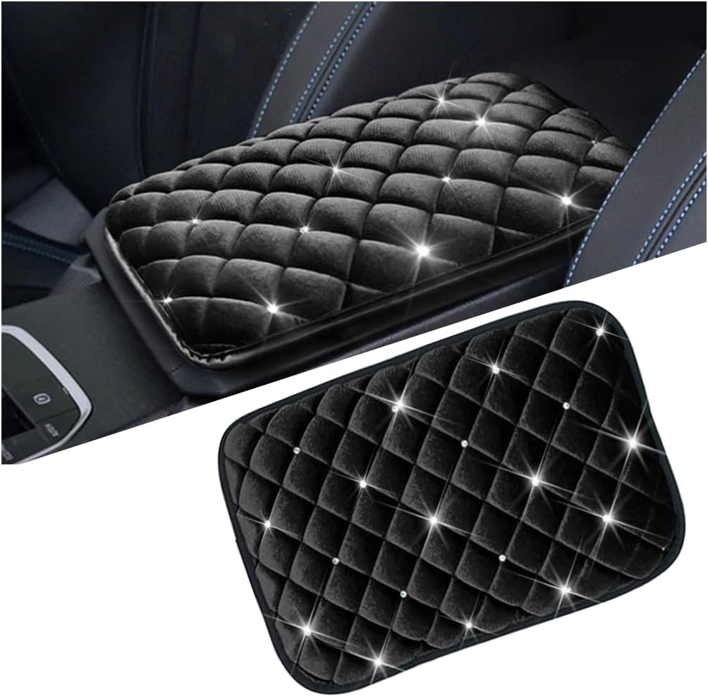 Mandark Bling Car Center Console Cover, Crystal Rhinestone Fluffy Automotive Armrest Seat Box Cushion Pad, Soft Comfortable Diamond Arm Rest Protection Mat, Universal Vehicle Accessories (Black)