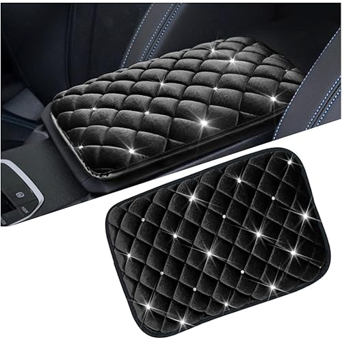 Mandark Bling Car Center Console Cover, Crystal Rhinestone Fluffy Automotive Armrest Seat Box Cushion Pad, Soft Comfortable Diamond Arm Rest Protection Mat, Universal Vehicle Accessories (Black)