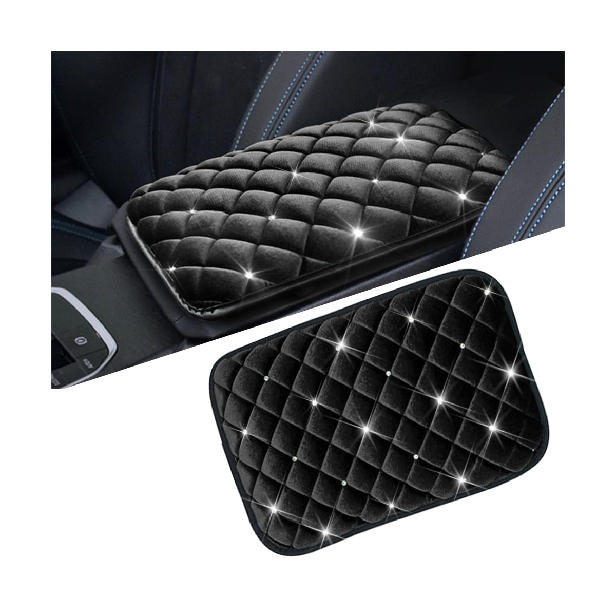Mandark Bling Car Center Console Cover, Crystal Rhinestone Fluffy Automotive Armrest Seat Box Cushion Pad, Soft Comfortable Diamond Arm Rest