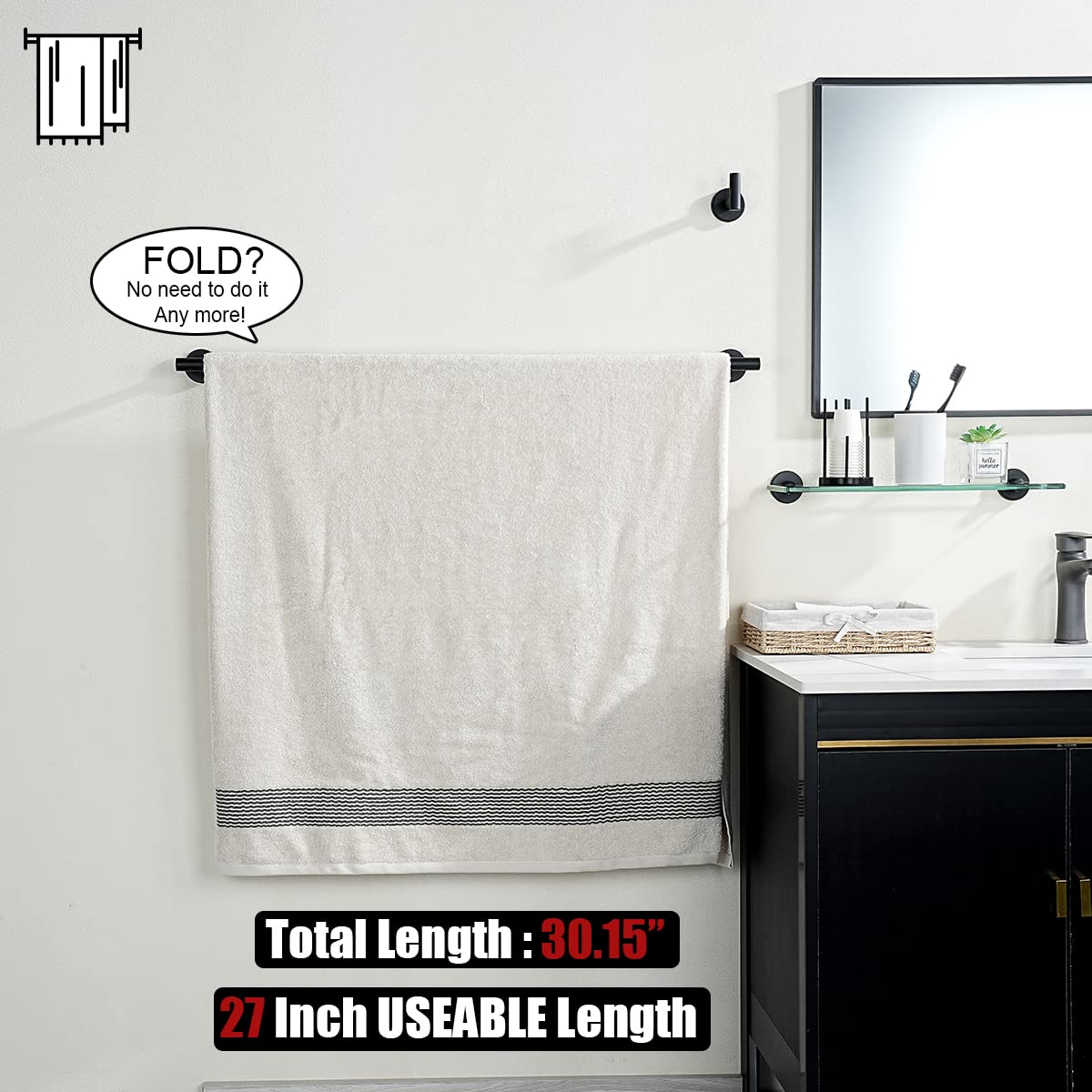 JQK Black Bath Towel Bar, 27 Inch 304 Stainless Steel Thicken 0.8mm Towel Rack Bathroom, Towel Holder Matte Black Wall Mount, Total Length 30.15 Inch, TB110L27-PB