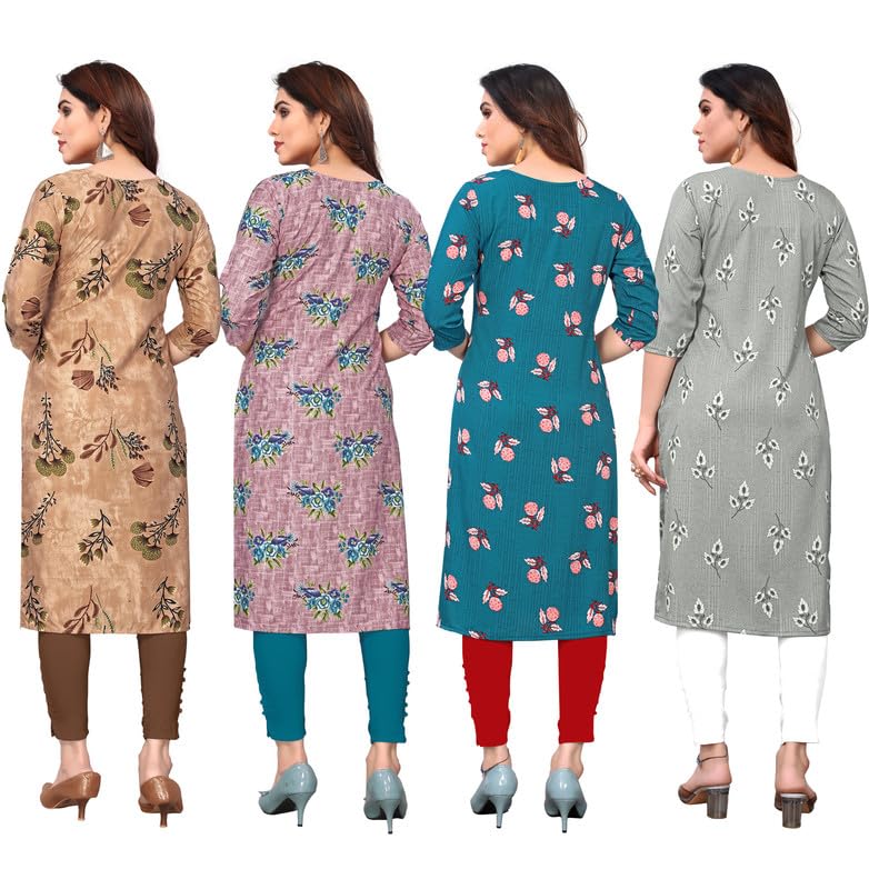 Image of JAKHANA Women's Crepe Printed Casual Straight Calf Length Round Nick Kurta Pack of 4