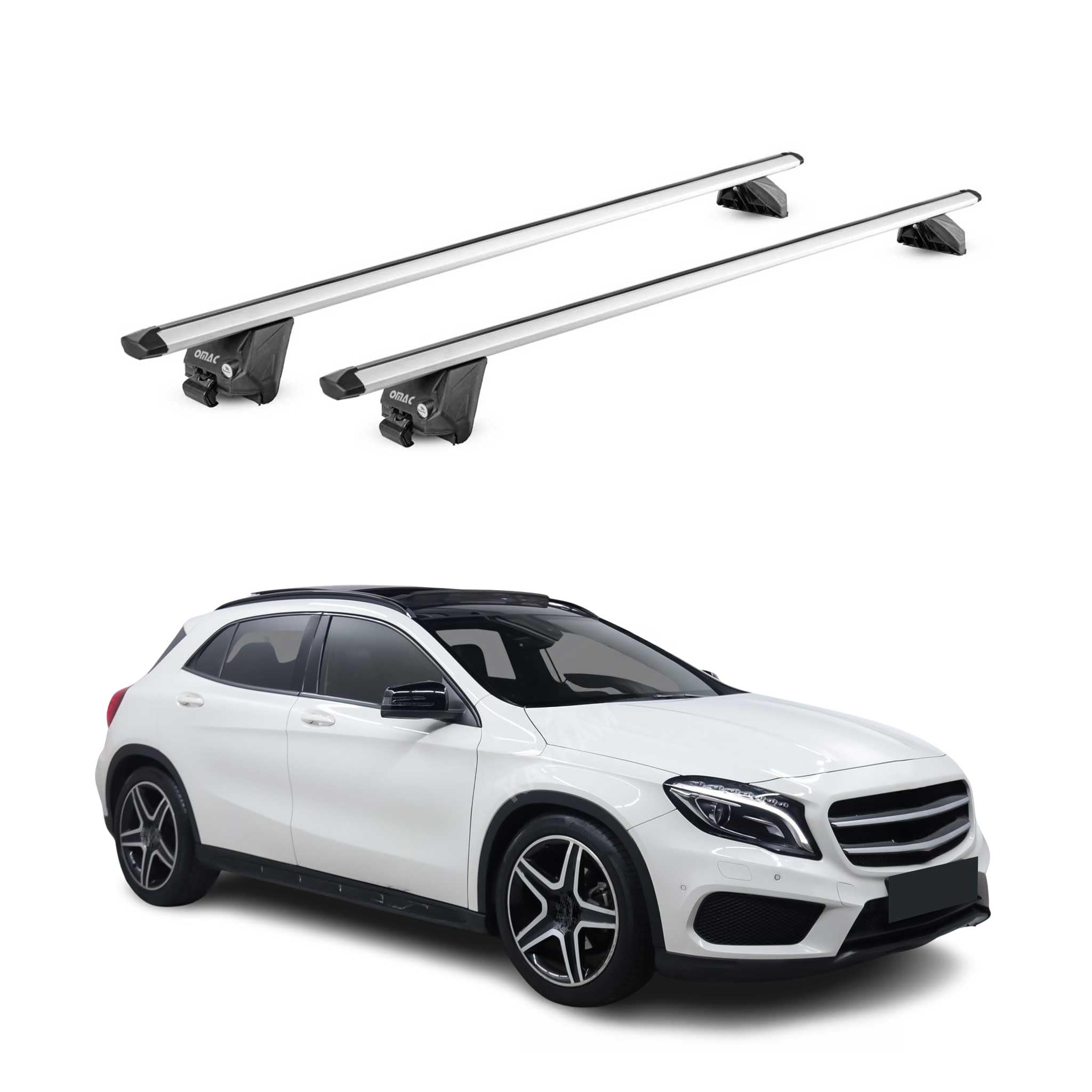 OMAC Barre Portatutto Alluminio TÜV geprüft per Mercedes GLA X156 H247 2014-2026 – per Rail Tetto Integrati – T Nut – Max 100 kg – 2 Schlösser Argento