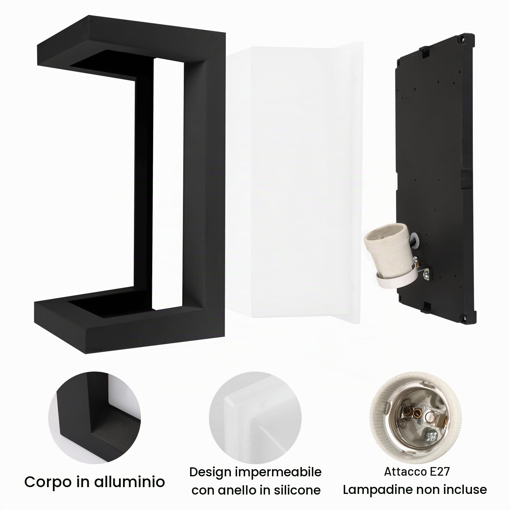 Klighten 2 pezzi lampada da parete per esterni con base E27, IP65, potenza massima 60W lampada da parete in alluminio, adatta per interni esterni, scale. (senza lampadina), Nero